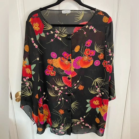 Lauren Lee Sheer Floral Kimono Style Top Blouse Button Down slit Flowy S… - Picture 2 of 12